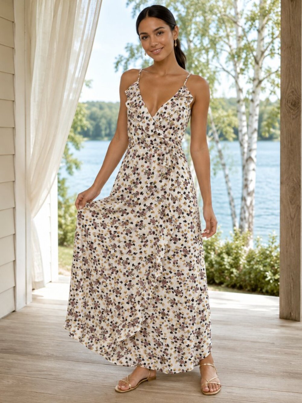 Molly Bracken Floral Maxi Dress M Wrap around faux